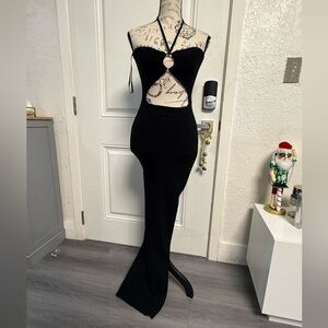 Miss Lola Black Halter Maxi Dress - Front Cut-Out Evening Gown